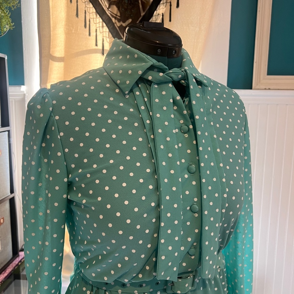 Sears - Vintage Polka Dot Dress with Neck Tie, Belt, Pockets.